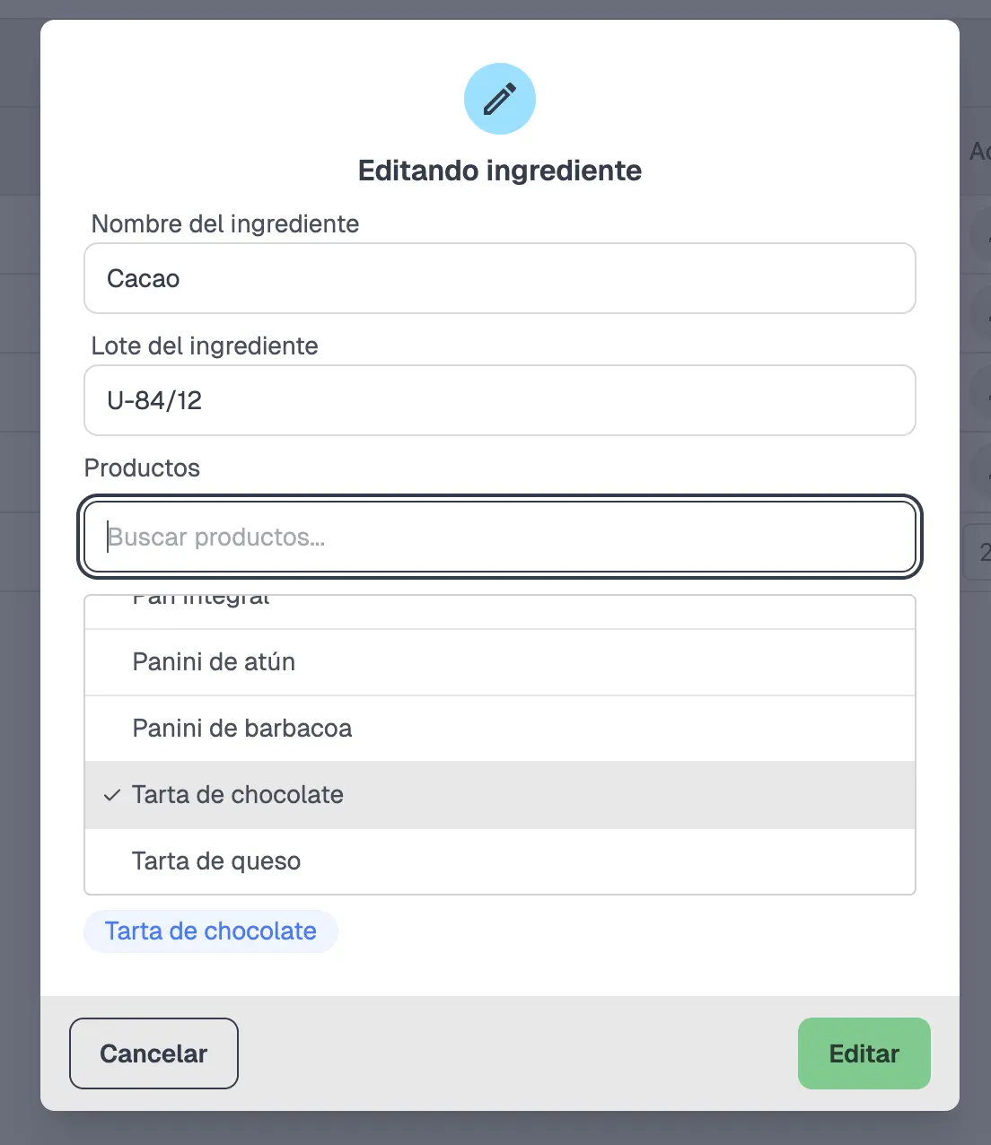 Formulario de ingrediente con selector múltiple de productos.
