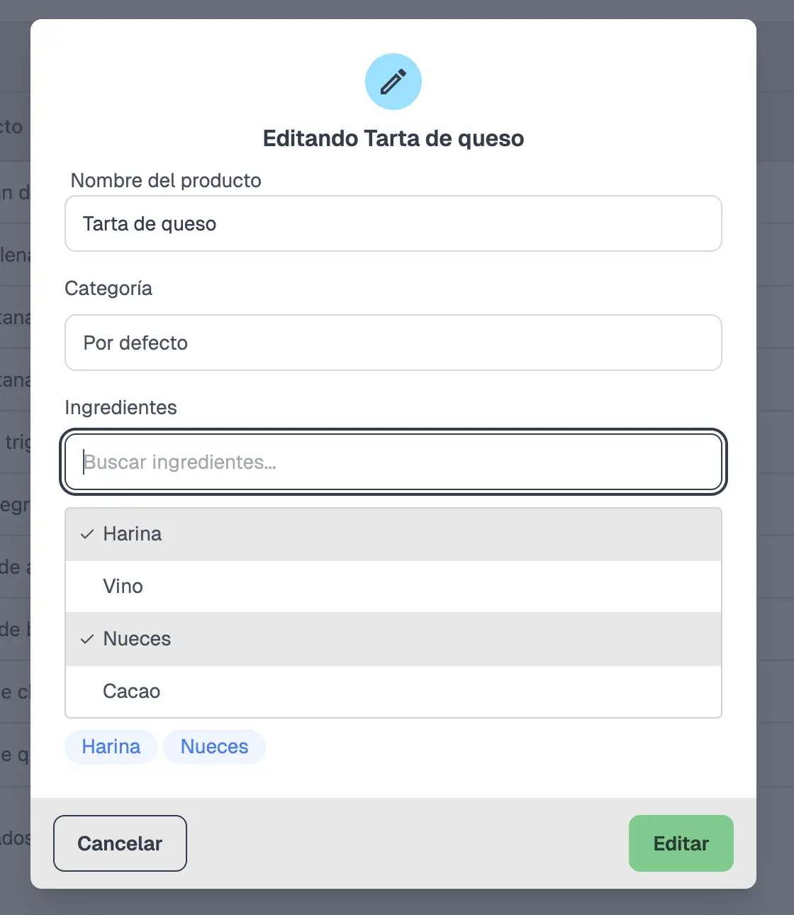 Formulario de producto con selector múltiple de ingredientes.